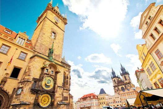 Monuments of Prague. Old Town Hall with Orloj Astronomical Clock and Tyn Church.