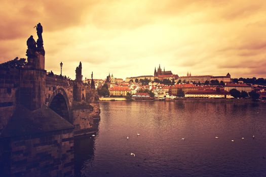 Monuments of Prague. Charles Bridge. Retro vintage picture.