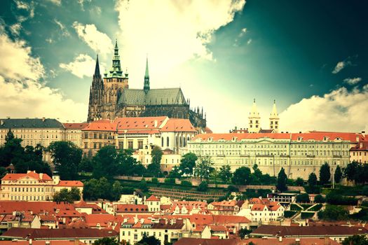 Monuments of Prague. View of Hradcany with St. Vitus Cathedral and Castle of Prague.