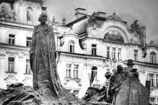 Memorial of Jan Hus in Prague. Monuments and statues of Prague concept. Black&white picture.