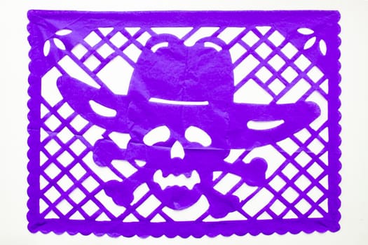 Day of the Dead, Papel Picado. Purple Real traditional Mexican paper cutting flag. Isolated on white background.