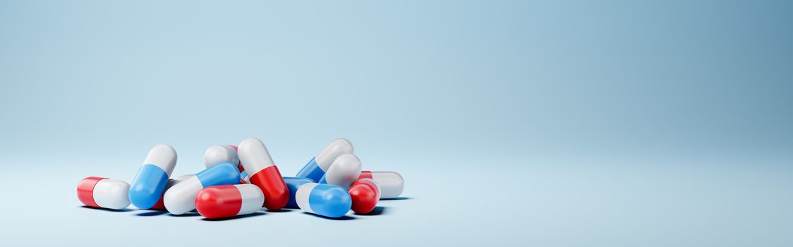 Pile of Red and Blue Pills on Blue Background with Copy Space 3D Illustration