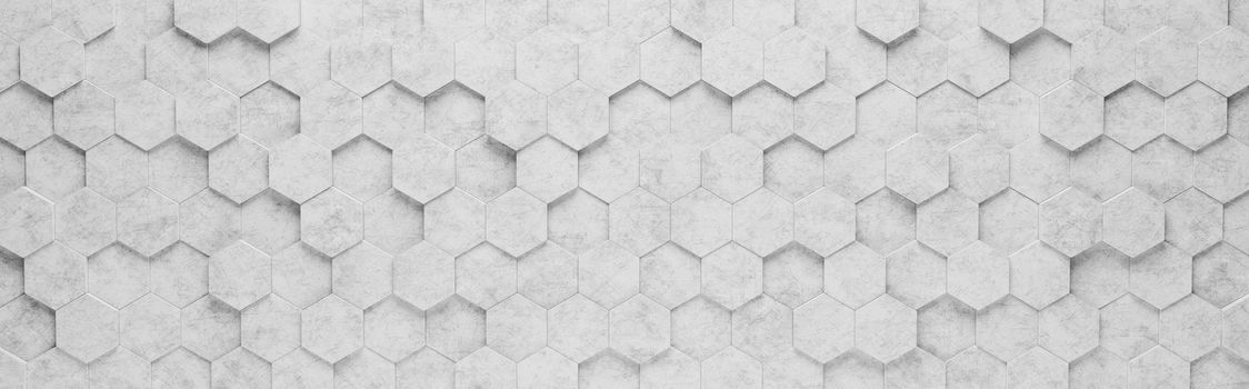 Wall of Gray Hexagon Tiles Arranged in Random Height 3D Background Illustration