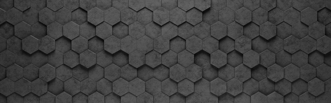 Wall of Black Hexagon Tiles Arranged in Random Height 3D Background Illustration