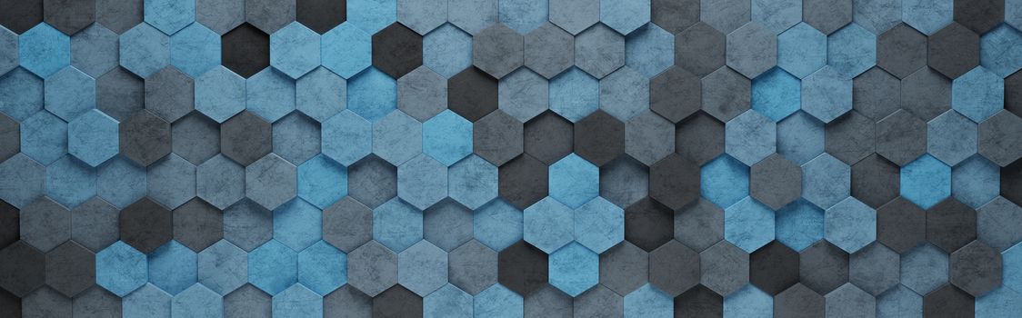 Wall of Blue Hexagon Tiles Arranged in Random Height 3D Background Illustration