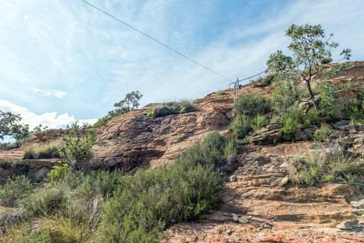 View at Uithoek near Fouriesburg in the Free State Province. A zip line is visible