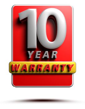 Warranty label 3D illustration 10 years Red Color Numbers in stainless steel Isolated on a white background. (With Clipping Path).