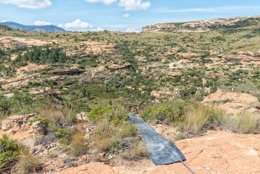 View at Uithoek near Fouriesburg in the Free State Province. Two zip lines are visible