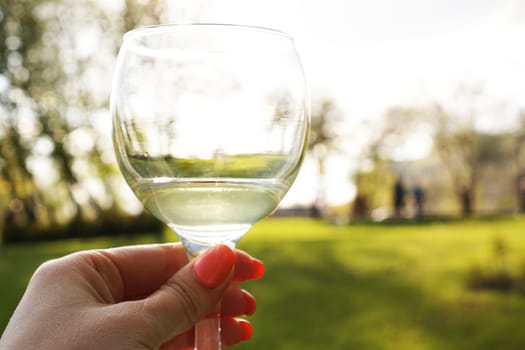 Woman hand holding a glass of white wine on the blurred background of green park at summer sunset