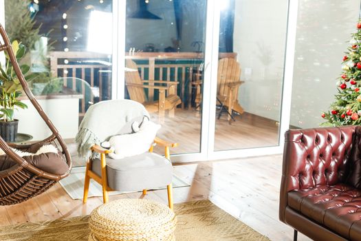 A living room with a leather chair. High quality photo