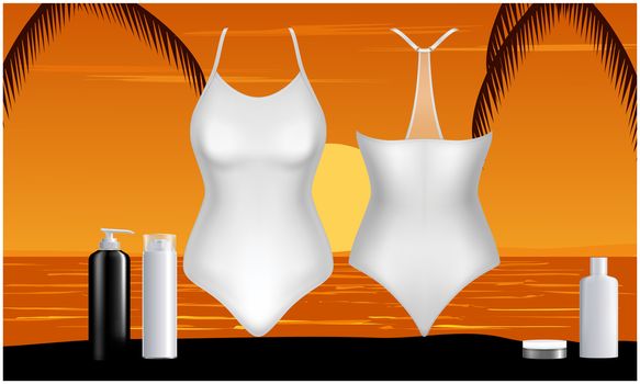 mock up illustration of swim wear and cosmetics on abstract background