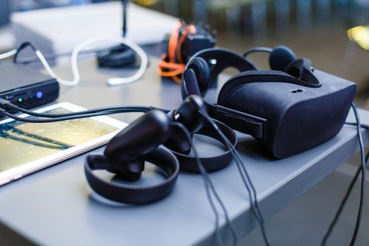 A desk with a computer mouse on a table. High quality photo