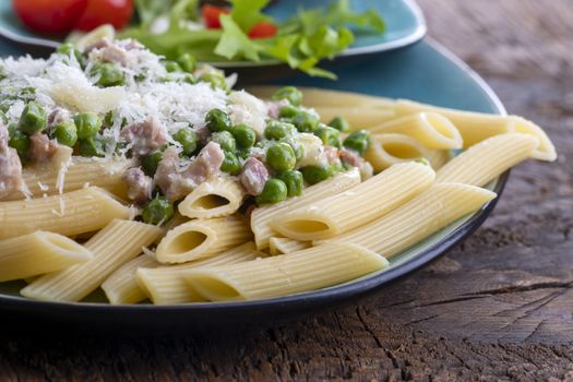 rigatoni emiliana on dark rustic wood