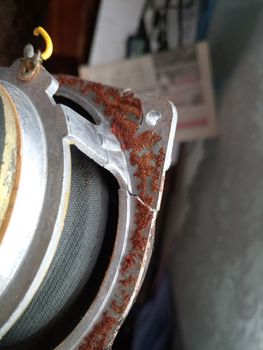 Cracked speaker basket. Damage to the speaker 15gd-11. Medium-frequency speakers 15gd-11a.. Soviet vintage acoustics, elements of a music column.