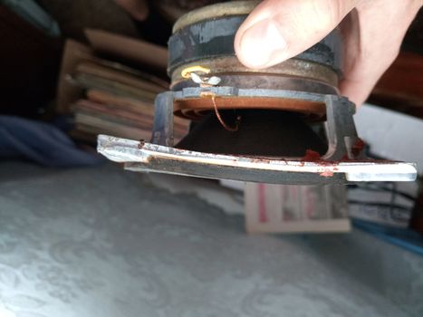 Cracked speaker basket. Damage to the speaker 15gd-11. Medium-frequency speakers 15gd-11a.. Soviet vintage acoustics, elements of a music column.