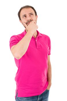 young casual man thinking, isolated on white background