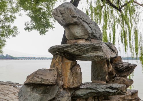 A closeup of a man made rock formation inside a chinese garden.