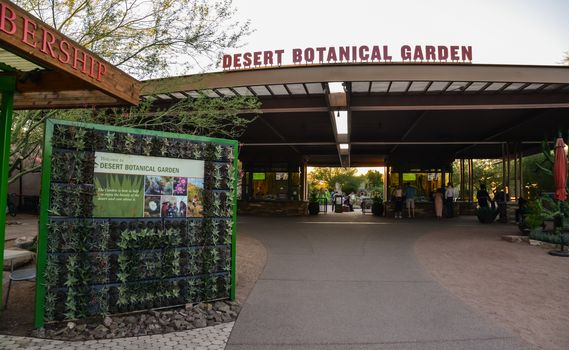 USA, PHOENIX, ARIZONA- NOVEMBER 17, 2019:  General view of the entrance to the Phoenix Botanical Garden, Arizona, USA