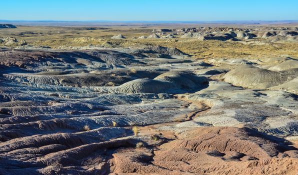 Landscape and panorama of erosive multi-colored clay in Petrified Forest National Park, Arizona