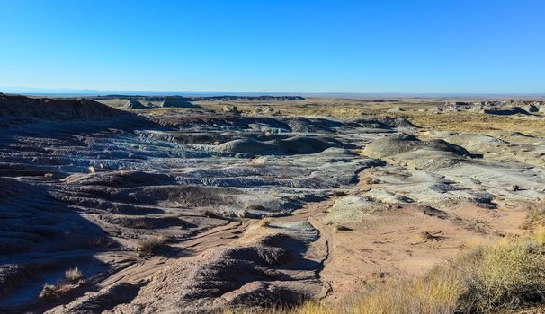 Landscape and panorama of erosive multi-colored clay in Petrified Forest National Park, Arizona