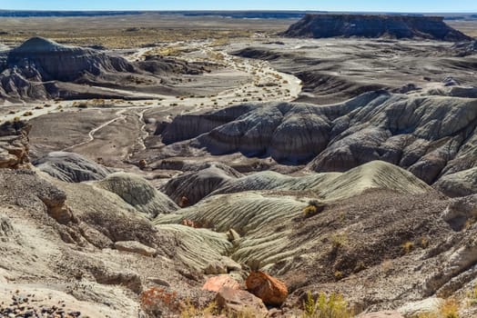 The Painted Desert on a sunny day. Diverse sedimentary rocks and clay washed out by water. Petrified Forest National Park, USA,  Arizona
