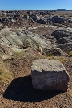 The Painted Desert on a sunny day. Diverse sedimentary rocks and clay washed out by water. Petrified Forest National Park, USA,  Arizona