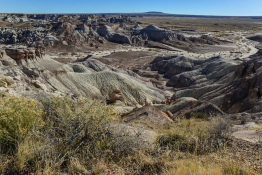The Painted Desert on a sunny day. Diverse sedimentary rocks and clay washed out by water. Petrified Forest National Park, USA,  Arizona