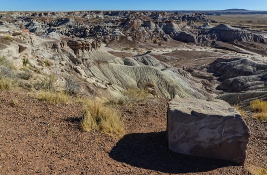 The Painted Desert on a sunny day. Diverse sedimentary rocks and clay washed out by water. Petrified Forest National Park, USA,  Arizona