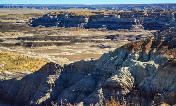 The Painted Desert on a sunny day. Diverse sedimentary rocks and clay washed out by water. Petrified Forest National Park, USA,  Arizona