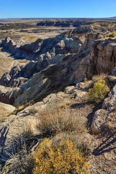 The Painted Desert on a sunny day. Diverse sedimentary rocks and clay washed out by water. Petrified Forest National Park, USA,  Arizona