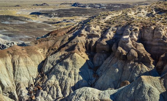 The Painted Desert on a sunny day. Diverse sedimentary rocks and clay washed out by water. Petrified Forest National Park, USA,  Arizona