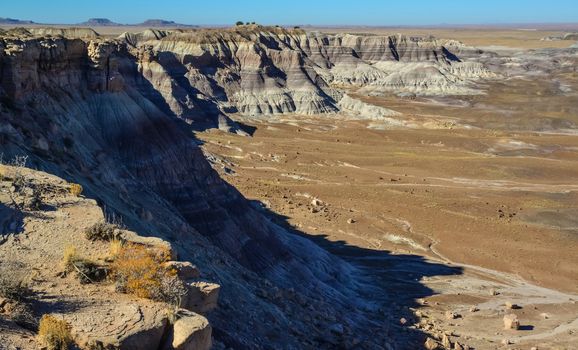 The Painted Desert on a sunny day. Diverse sedimentary rocks and clay washed out by water. Petrified Forest National Park, USA,  Arizona