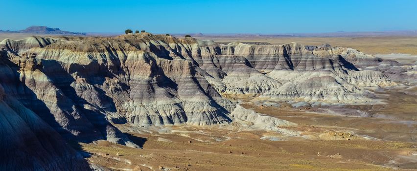 The Painted Desert on a sunny day. Diverse sedimentary rocks and clay washed out by water. Petrified Forest National Park, USA,  Arizona