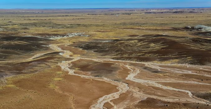 The Painted Desert on a sunny day. Diverse sedimentary rocks and clay washed out by water. Petrified Forest National Park, USA,  Arizona