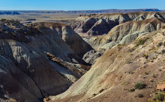 The Painted Desert on a sunny day. Diverse sedimentary rocks and clay washed out by water. Petrified Forest National Park, USA,  Arizona