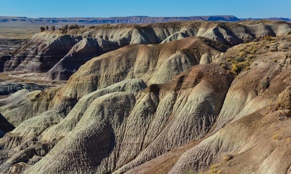 The Painted Desert on a sunny day. Diverse sedimentary rocks and clay washed out by water. Petrified Forest National Park, USA,  Arizona