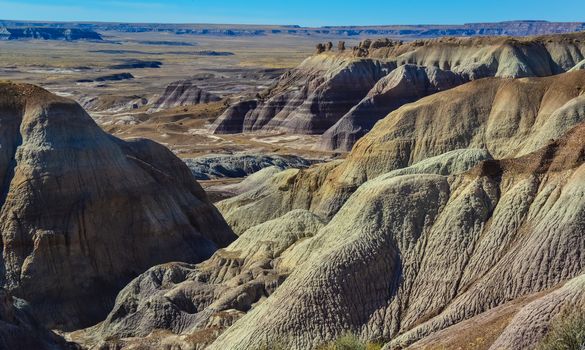 The Painted Desert on a sunny day. Diverse sedimentary rocks and clay washed out by water. Petrified Forest National Park, USA,  Arizona