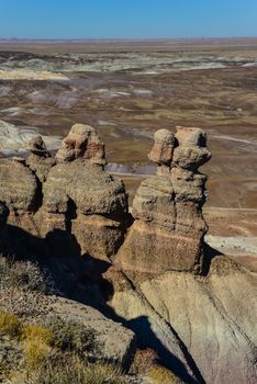 The Painted Desert on a sunny day. Diverse sedimentary rocks and clay washed out by water. Petrified Forest National Park, USA,  Arizona