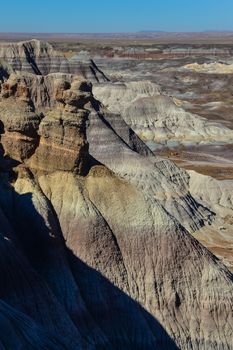 The Painted Desert on a sunny day. Diverse sedimentary rocks and clay washed out by water. Petrified Forest National Park, USA,  Arizona