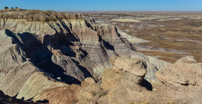 The Painted Desert on a sunny day. Diverse sedimentary rocks and clay washed out by water. Petrified Forest National Park, USA,  Arizona