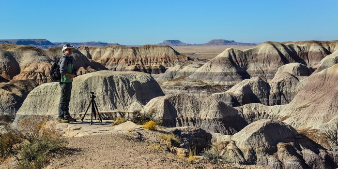 The Painted Desert on a sunny day. Diverse sedimentary rocks and clay washed out by water. Petrified Forest National Park, USA,  Arizona