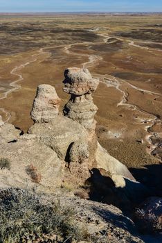 The Painted Desert on a sunny day. Diverse sedimentary rocks and clay washed out by water. Petrified Forest National Park, USA,  Arizona