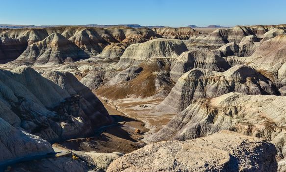 The Painted Desert on a sunny day. Diverse sedimentary rocks and clay washed out by water. Petrified Forest National Park, USA,  Arizona
