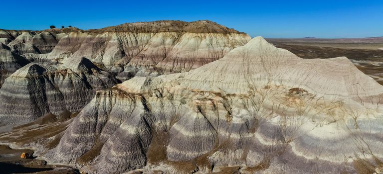 The Painted Desert on a sunny day. Diverse sedimentary rocks and clay washed out by water. Petrified Forest National Park, USA,  Arizona