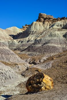 The Painted Desert on a sunny day. Diverse sedimentary rocks and clay washed out by water. Petrified Forest National Park, USA,  Arizona