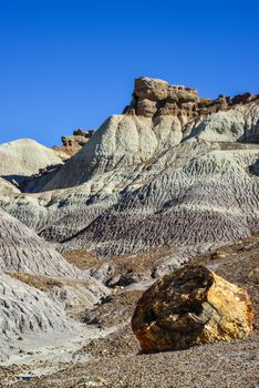 The Painted Desert on a sunny day. Diverse sedimentary rocks and clay washed out by water. Petrified Forest National Park, USA,  Arizona