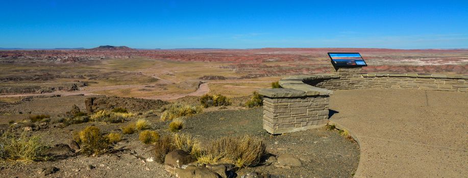 USA, ARIZONA - NOVEMBER 18, 2019:  viewpoint, Arizona mountain eroded landscape, Petrified Forest National Wilderness Area and Painted Desert