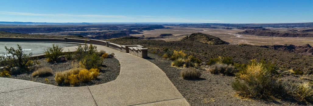 USA, ARIZONA - NOVEMBER 18, 2019:  viewpoint, Arizona mountain eroded landscape, Petrified Forest National Wilderness Area and Painted Desert