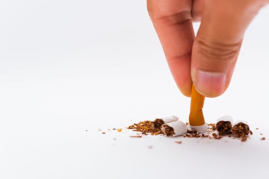 31 May of World No Tobacco Day, no smoking, close up of hand hold broken pile pin down or putting cigarette or tobacco on white background with copy space, and Warning lung health concept