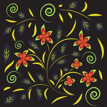 Seamless floral pattern with ornamental flowers in Khokhloma style. Floral design. Traditional russian Hohloma ornament with flowers in bright colors. Vector illustration